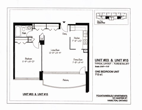 A floor plan for a one bedroom unit at Fountainbleu Apartments in Hamilton, Ontario.